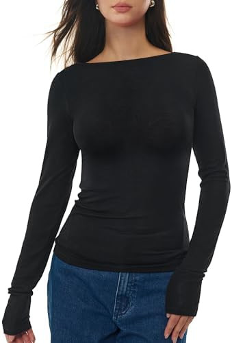 Women's Merino Wool Blend Shirts Boat Neck Long Sleeve Tops Fitted Basic Tee Cozy Embrace Collect... | Amazon (US)