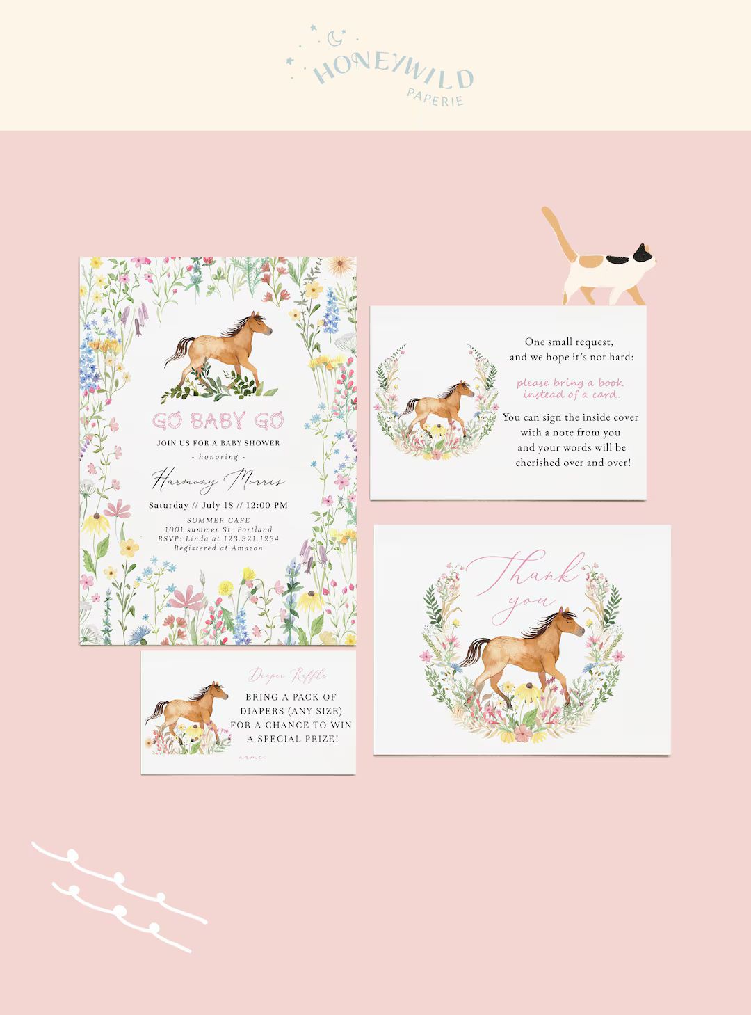 Floral and Horse Baby Shower Small Bundle Set, Go Baby Go Girl Baby Shower Invitation Package Tem... | Etsy (US)