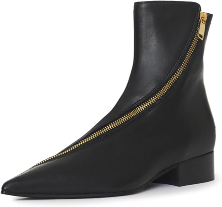 Milooey shoes Women's Pointed Toe Flat Ankle Boots Fashion Chunky Low Heel Short Booties Side Zip... | Amazon (US)