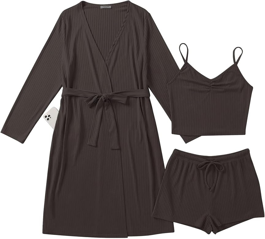 Ekouaer Women Pajamas Set 3 Piece Lounge Sets with Open Front Cardigan Pocketed Cami and Shorts P... | Amazon (US)