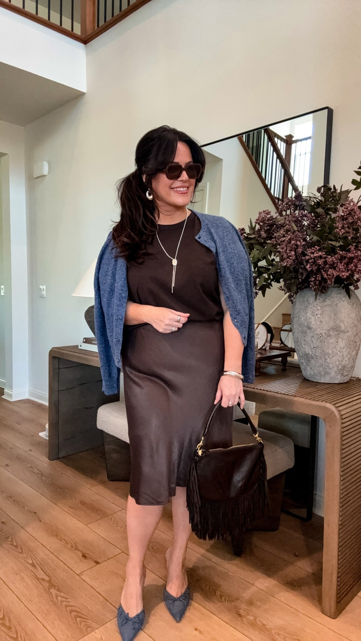 Midsize outfit inspo - summer fashion - closet essentials 
Blue lightweight cardigan xl 
Brown tee xl
Knee length slip skirt xl 
Blue heels tts 
Fringe bag 

#LTKMidsize #LTKSeasonal #LTKStyleTip