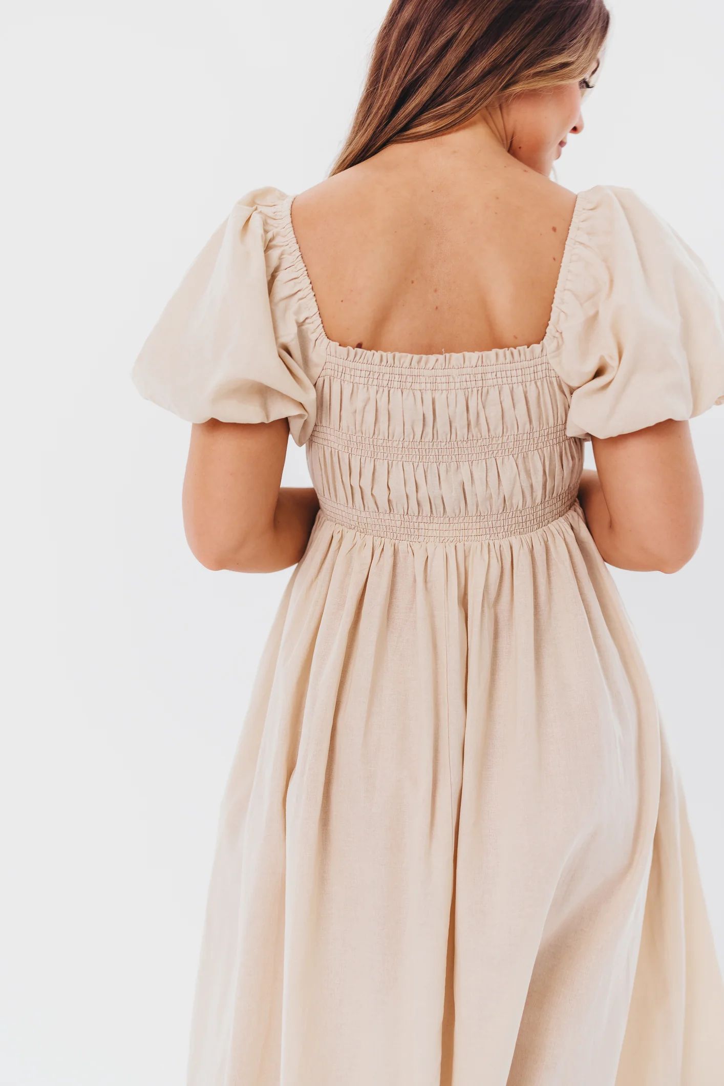 Puff Sleeve Smocked Midi Dress in Light Taupe | Worth Collective