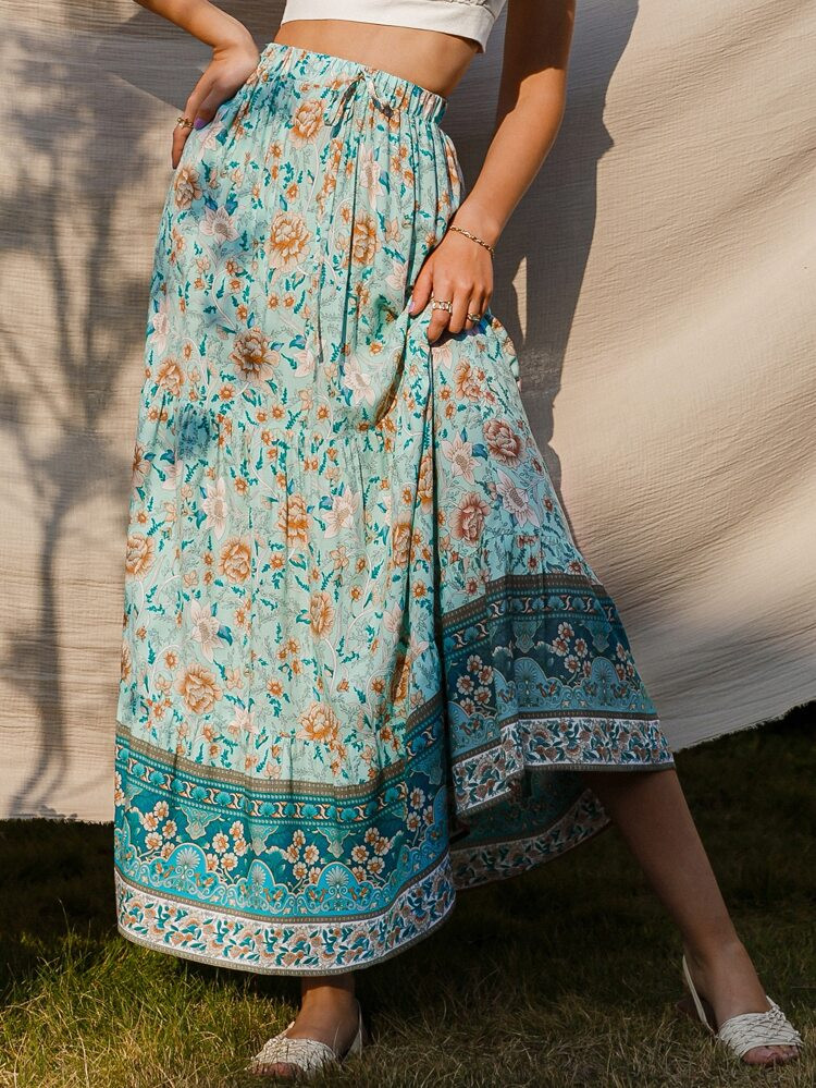 Simplee Tie Waist Floral Skirt | SHEIN