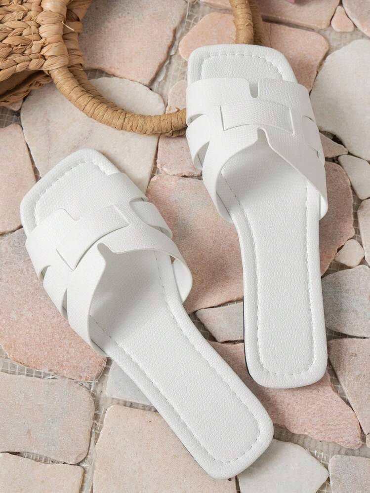 Women's Snake Skin Embossed Flat Sandals, Elegant Outdoor Sandals. White Beach Slippers For Summer Vacation, Comfortable And Lightweight Square Toe Slide Sandals | SHEIN
