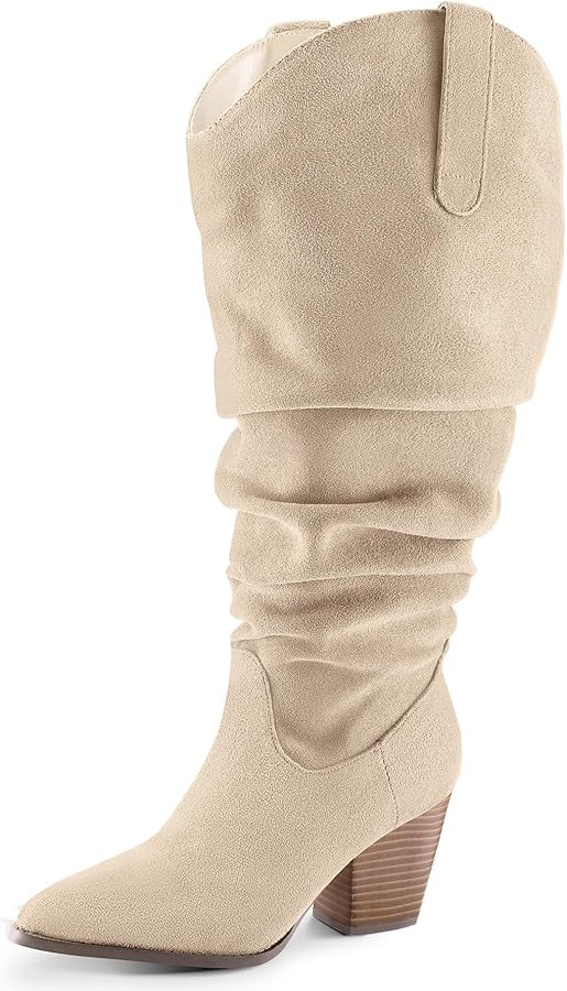 mysoft Women's Wide Calf Knee High Boots Cowgirl Low Chunky Stacked Heel Wide Width Pointed Toe S... | Amazon (US)