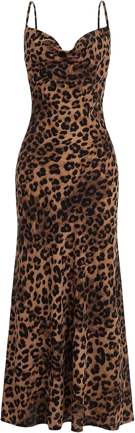 Floerns Women's Leopard Print Draped Collar Spaghetti Strap Cami Long Dress | Amazon (US)
