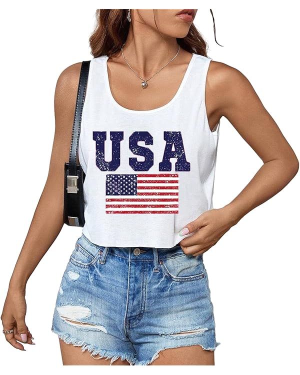 4th of July Crop Tops for Women Funny American Flag Shirts Tank Tops Outfits | Amazon (US)