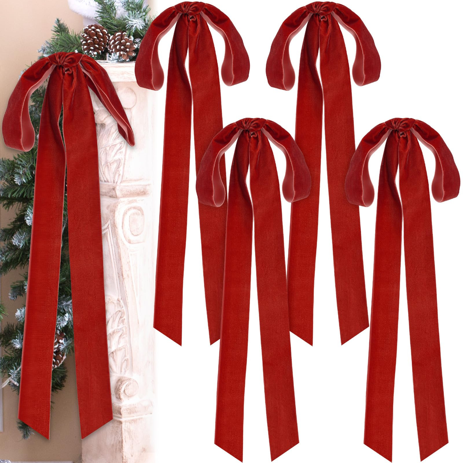4 Pcs Red Velvet Christmas Bows 23.6 x 8.7 Inches Large Velvet Christmas Staircase Wreath Bows Ru... | Amazon (US)