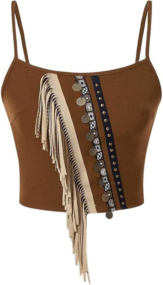 Verdusa Women's Sleeveless Open Back Fringe Trim Shirred Vintage Cami Tops | Amazon (US)