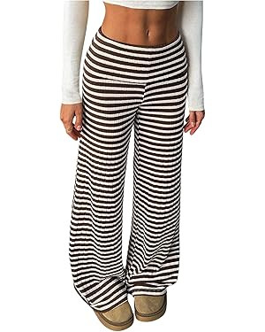 Women's Striped Ribbed Knit Wide Leg Pants Foldover Elastic Waist Casual Lounge Trousers | Amazon (US)