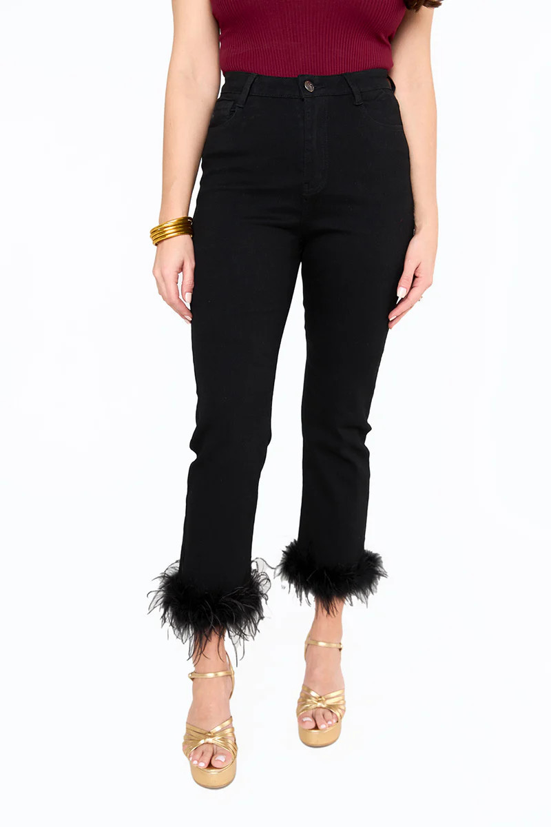 BuddyLove | Kyla Feather Trim Pants | Black | BuddyLove