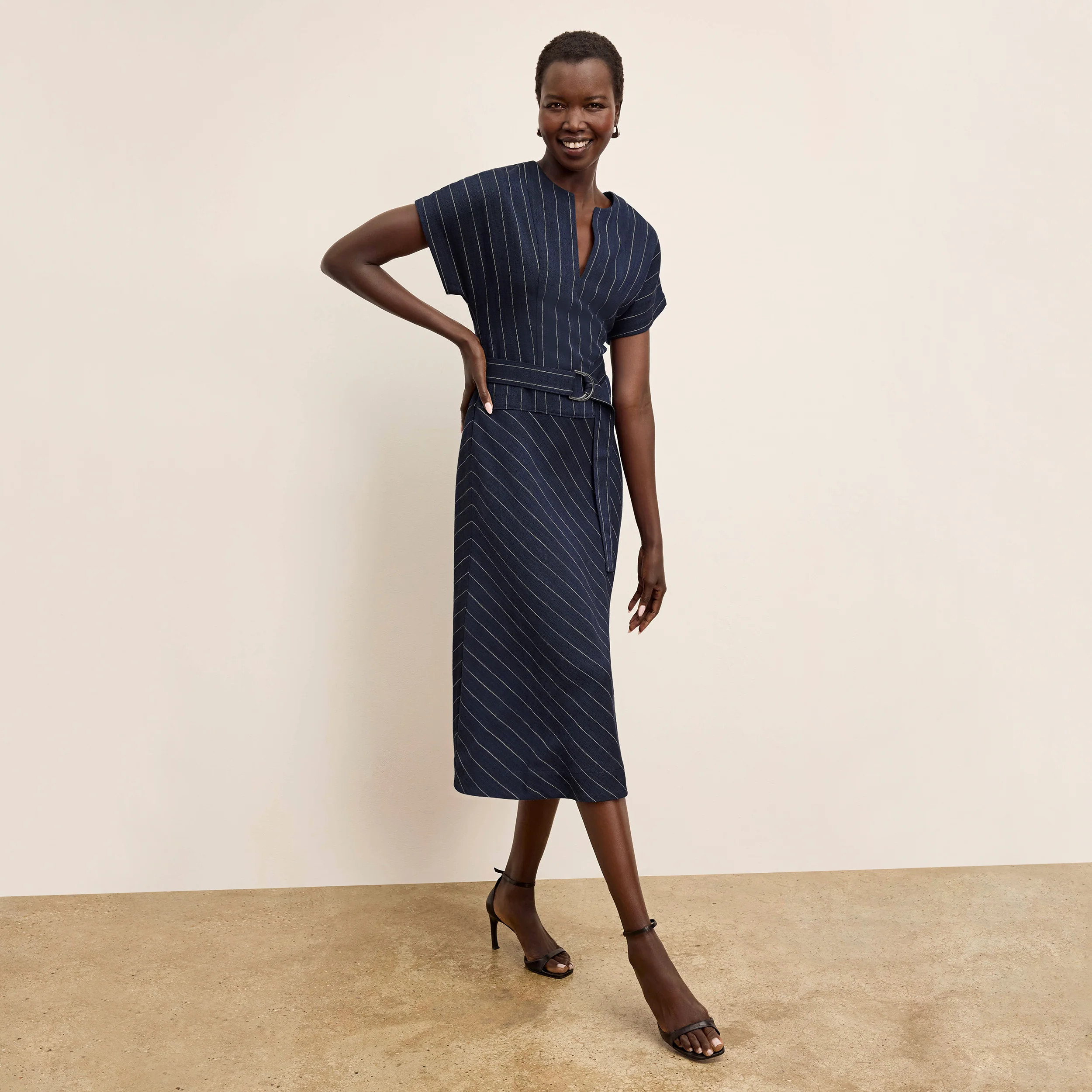 Cereah Belt Dress - Summer Pinstripe :: Navy/Ivory | MM LaFleur