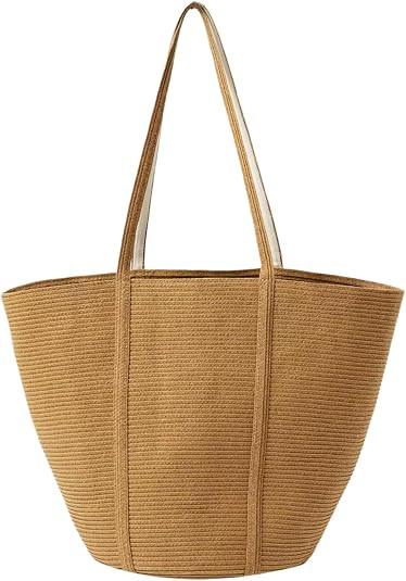 Paper Woven Tote Bag for Women, Large Straw Beach Tote, Summer Woven Shoulder Bag, Lightweight Ca... | Amazon (US)