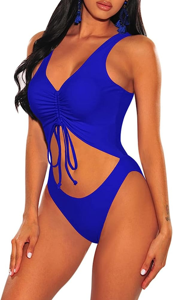 Viottiset Women's Cut Out Drawstring Tie Cheeky High Cut One Piece Swimsuit Bikini | Amazon (US)