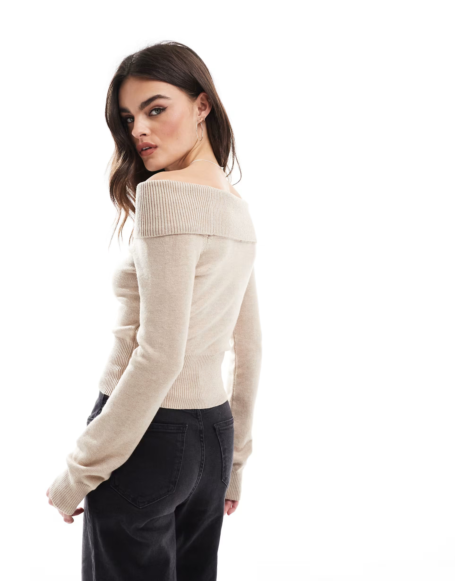 Bershka bardot knitted jumper in taupe | ASOS (Global)