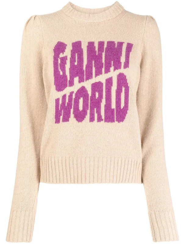 GANNI Knitted intarsia-logo Jumper - Farfetch | Farfetch Global
