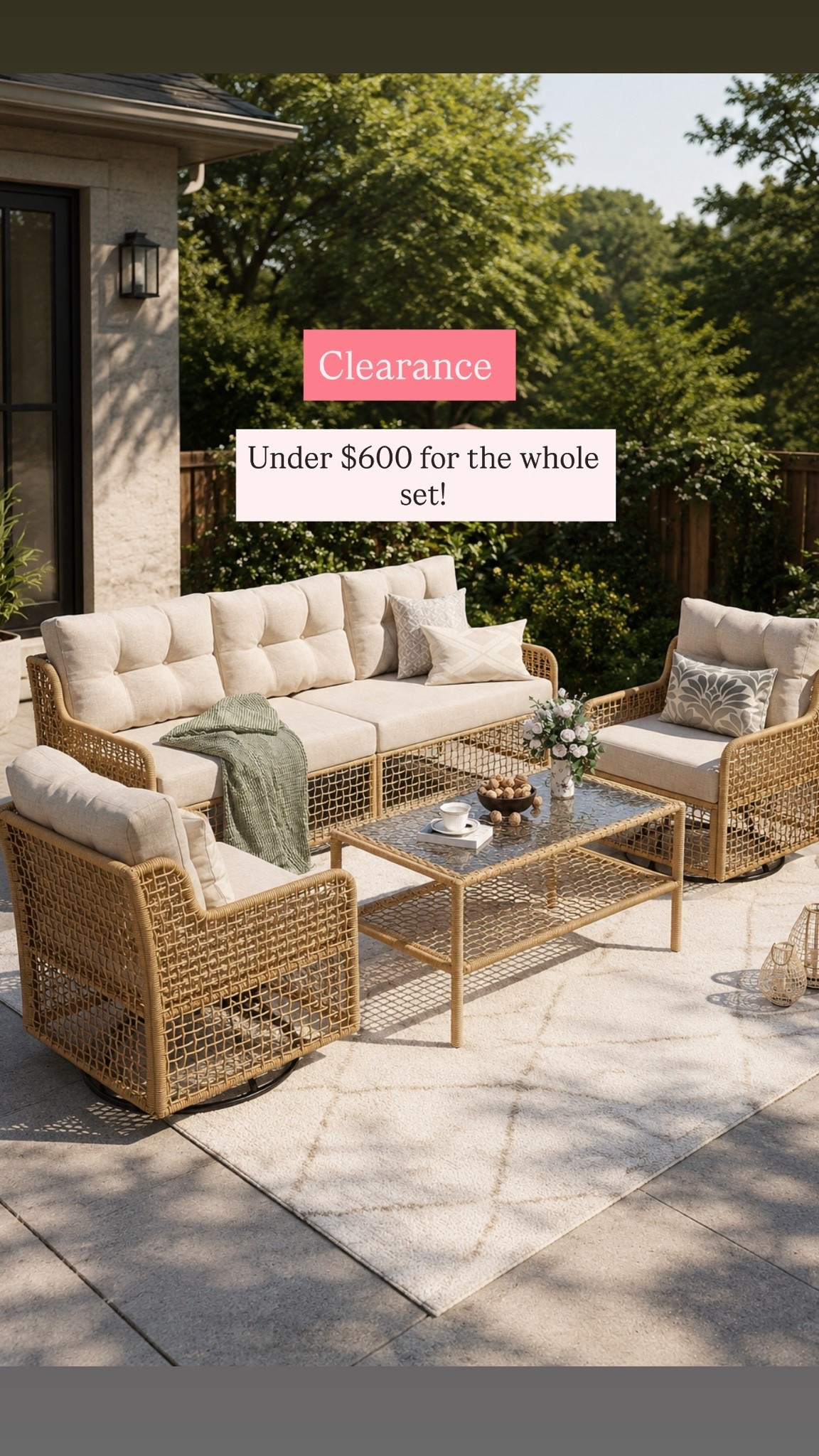 Outdoor furniture on clearance. Grab this 4 pc set for under $600! 

Walmart outdoor, rattan furniture, outdoor sofa

#LTKHome #LTKSeasonal #LTKSaleAlert