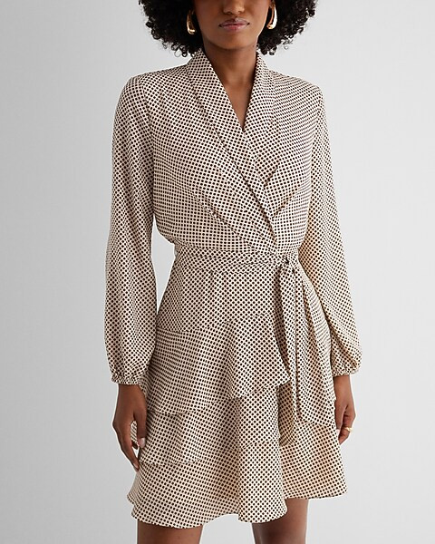Polka Dot Collared Long Sleeve Tie Waist Tiered Mini Dress | Express
