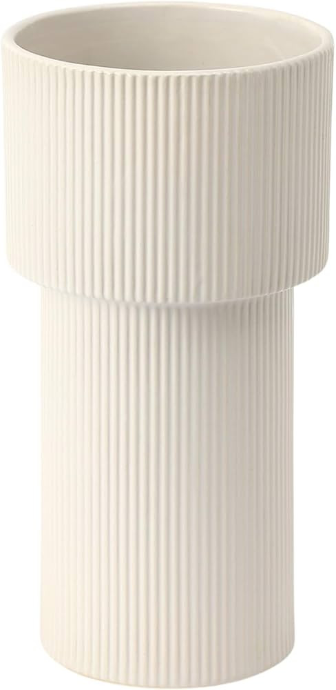 White Ceramic Flower Vase, Large Ceramic Vase, Decorative Vase, Boho Vase, Modern Vase, Ribbed Va... | Amazon (US)