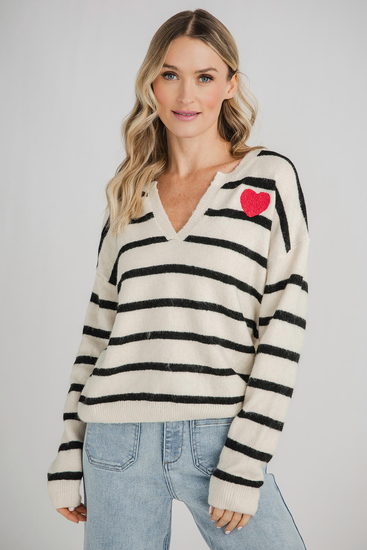 Sweet Lovely Striped Sweater with Heart Patch | Social Threads