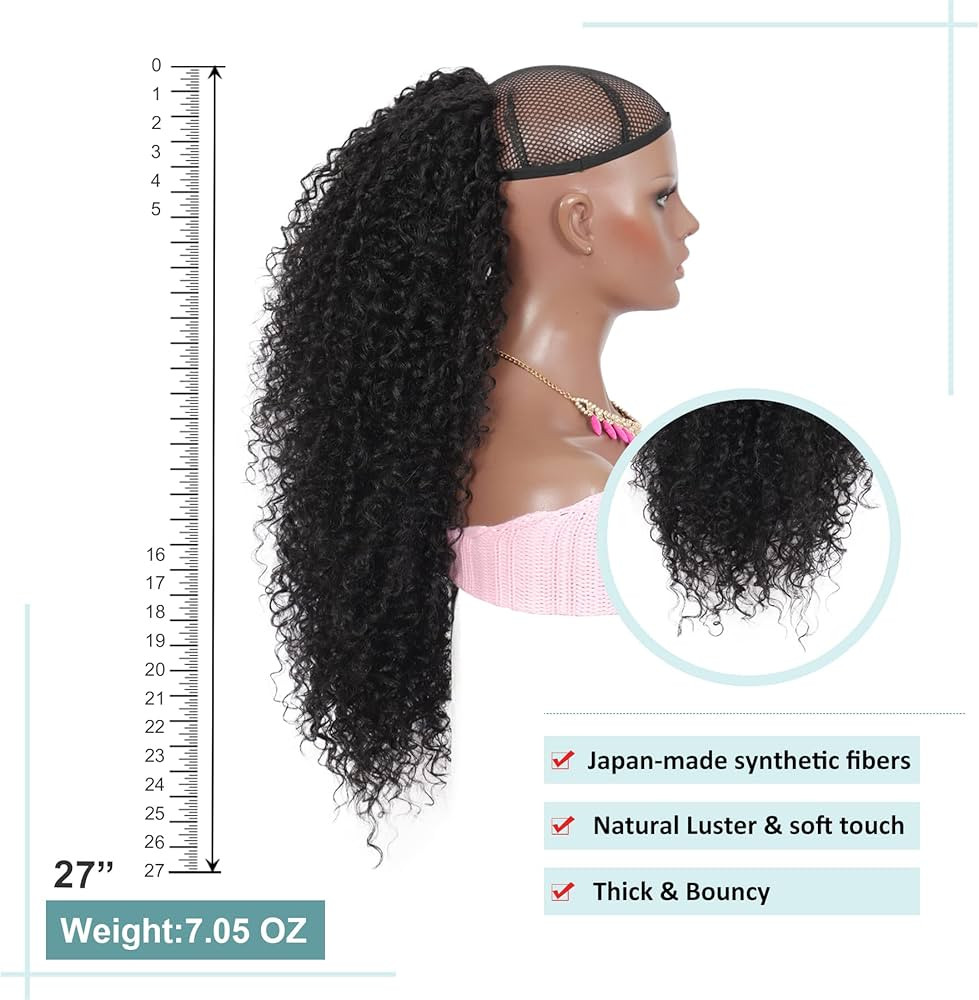 Youthfee 27” Drawstring Ponytail Deep Curly Heat Resistant Human Hair Blended Instant Clip Pony... | Amazon (US)