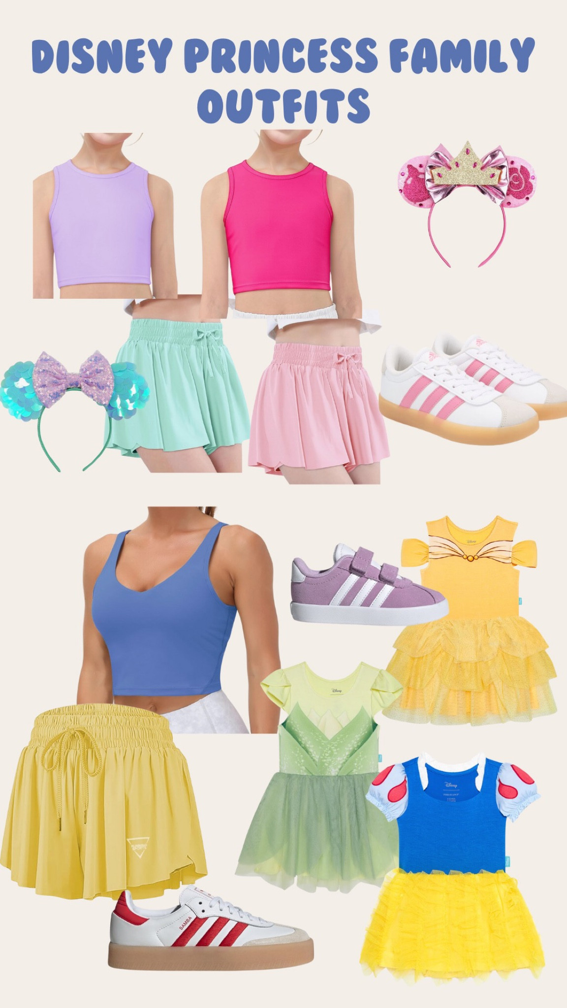 Magic Kingdom outfits! Disney princess inspired outfits for women and girls! My older girls loved the sporty look and the littler ones did the dresses. Super cute and comfortable options for all. Adidas shoes (size down a half size in sambas) , amazon athleisure, Mickey ears  

#LTKFamily #LTKTravel #LTKActive