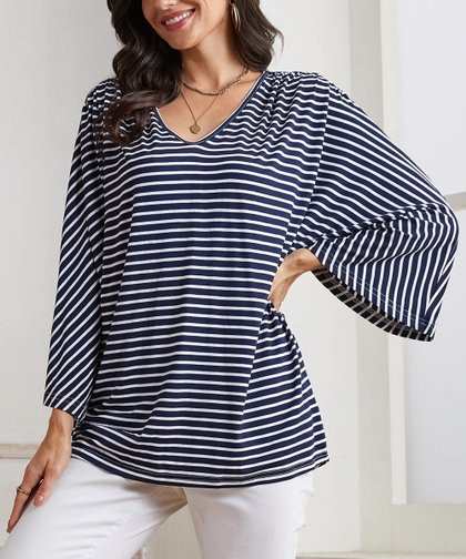 Suzanne Betro Weekend Navy & White Stripe Knot-Accent Bell-Sleeve Tunic - Women | Zulily
