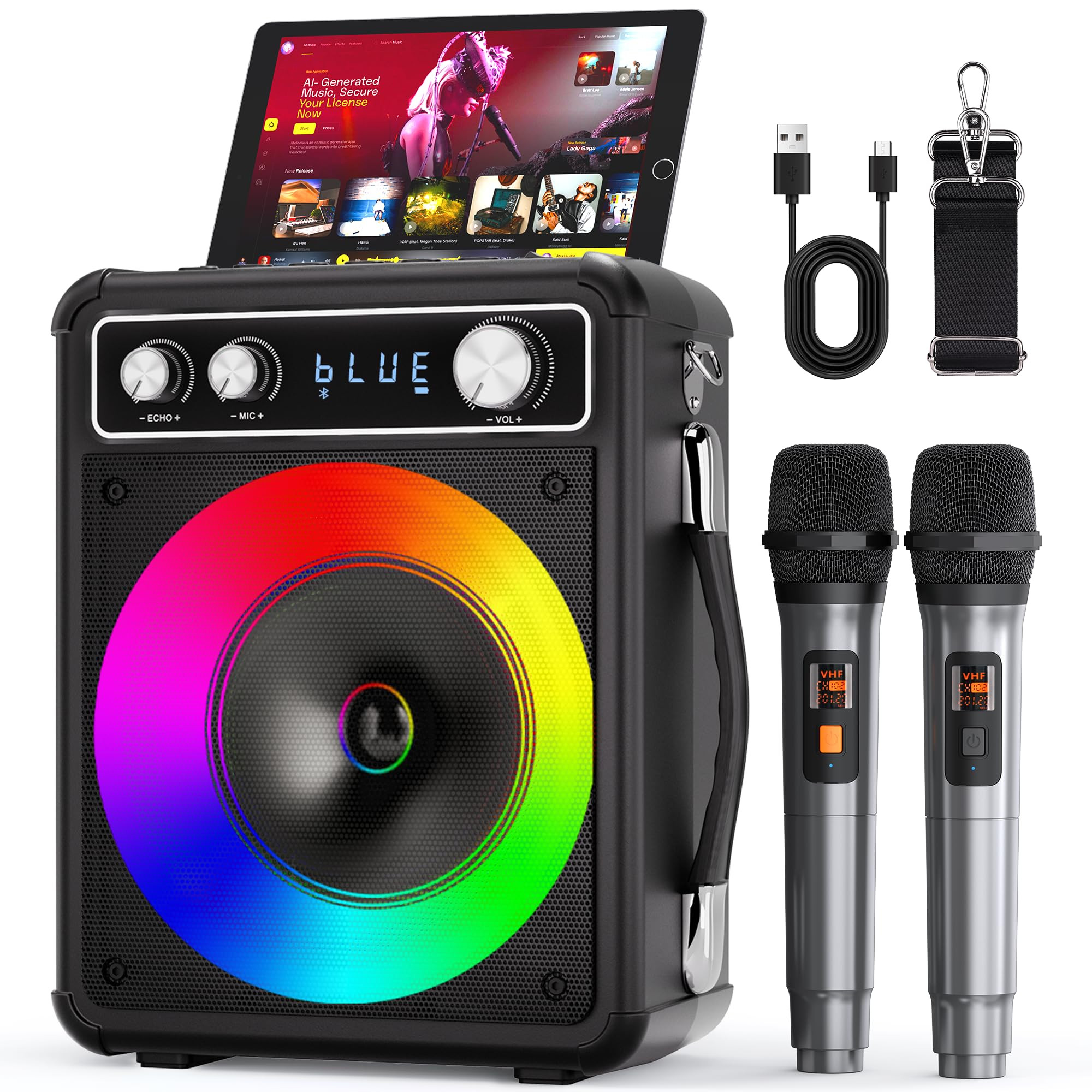 Karaoke Machine, Portable Bluetooth Karaoke Speaker with 2 Wireless Microphones, PA System for Ad... | Amazon (US)