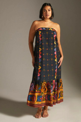Anthropologie Farm Rio Embroidered Dress Strapless Black Sz Medium Petite NEW | eBay US