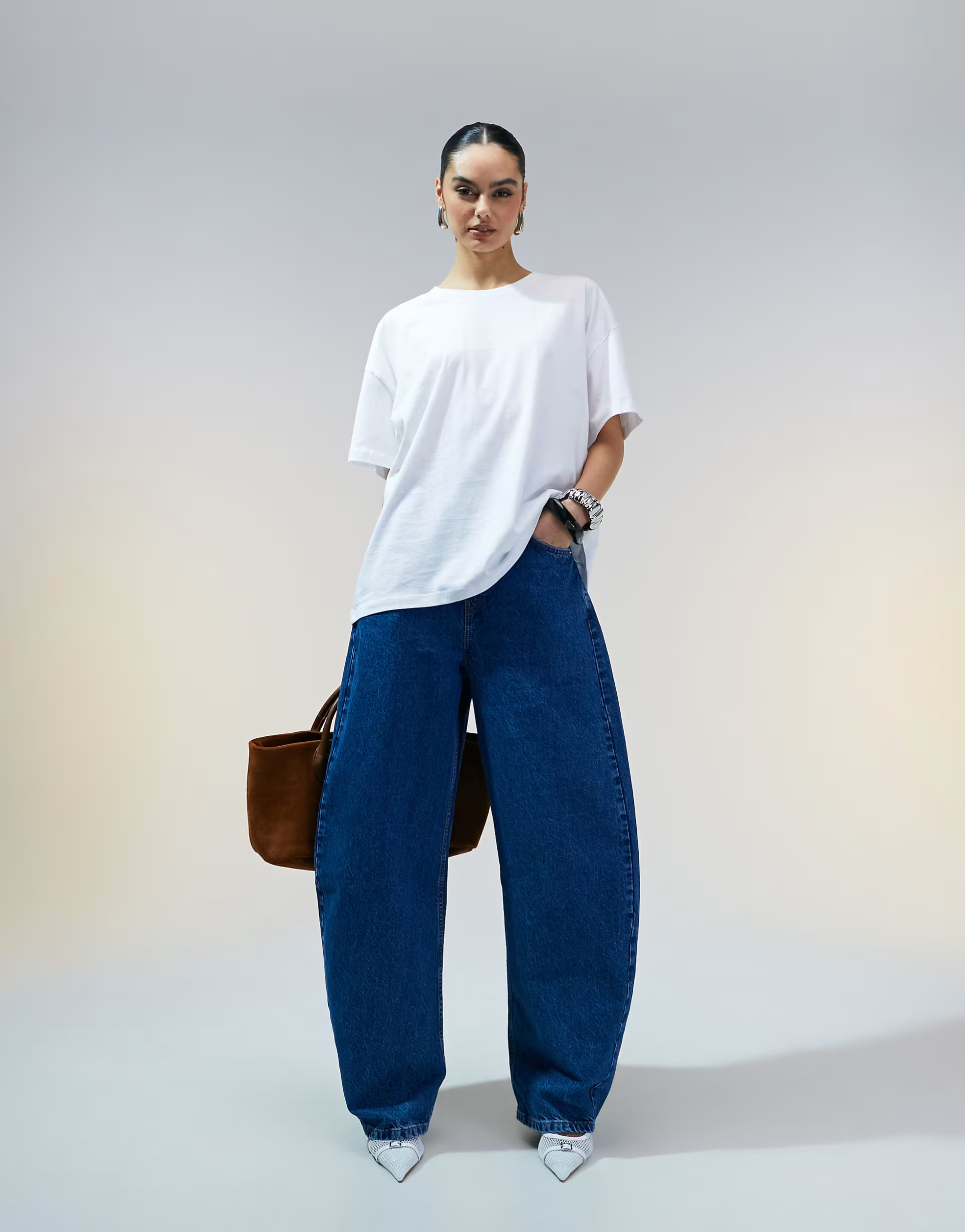 ASOS DESIGN high waisted barrel leg jeans in mid blue  | ASOS | ASOS (Global)