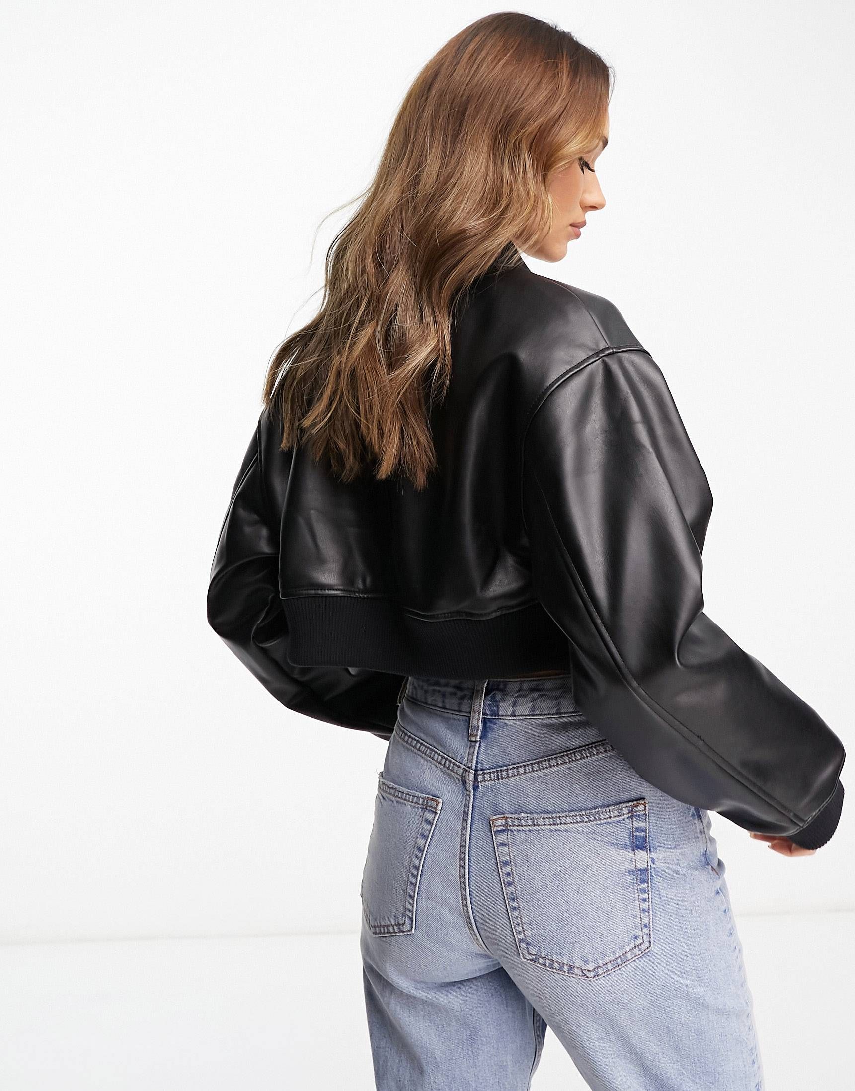 ASOS DESIGN faux leather cropped bomber jacket in black | ASOS (Global)