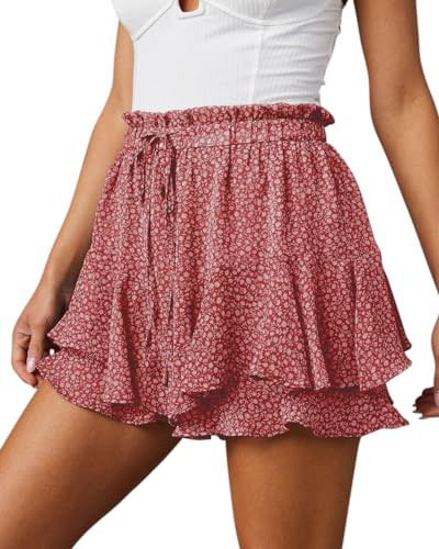 Aoudery Flowy Shorts for Women Casual Boho Floral Skorts Ruffle Mini Skirts Running Tennis Butterfly Shorts Double Layer Chiffon Shorts - Floral Red M | Amazon (US)