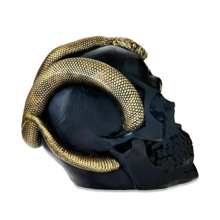 Skull with Snake Tabletop Decor, Black & Gold, 6.9", Halloween by Way To Celebrate | Walmart (US)