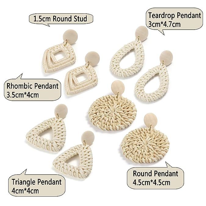 Finrezio 4 Pairs Rattan Dangle Earrings for Women Lightweight Bohemia Straw Wicker Braid Woven Ge... | Amazon (US)