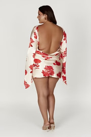 Davina Satin Long Sleeve Mini Dress - Rose Print | MESHKI US