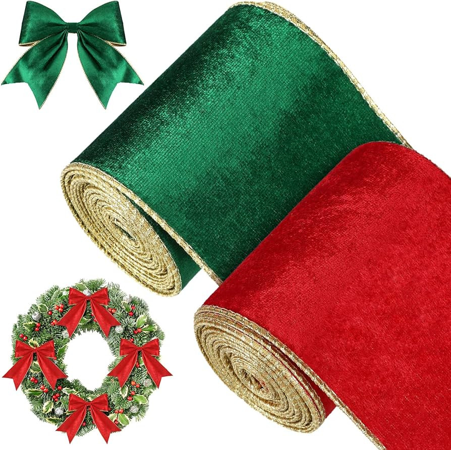 2 Rolls Christmas Velvet Ribbon Velvet Wired Edge Ribbon Trim Wrapping Ribbon Craft Fabric Ribbon... | Amazon (US)