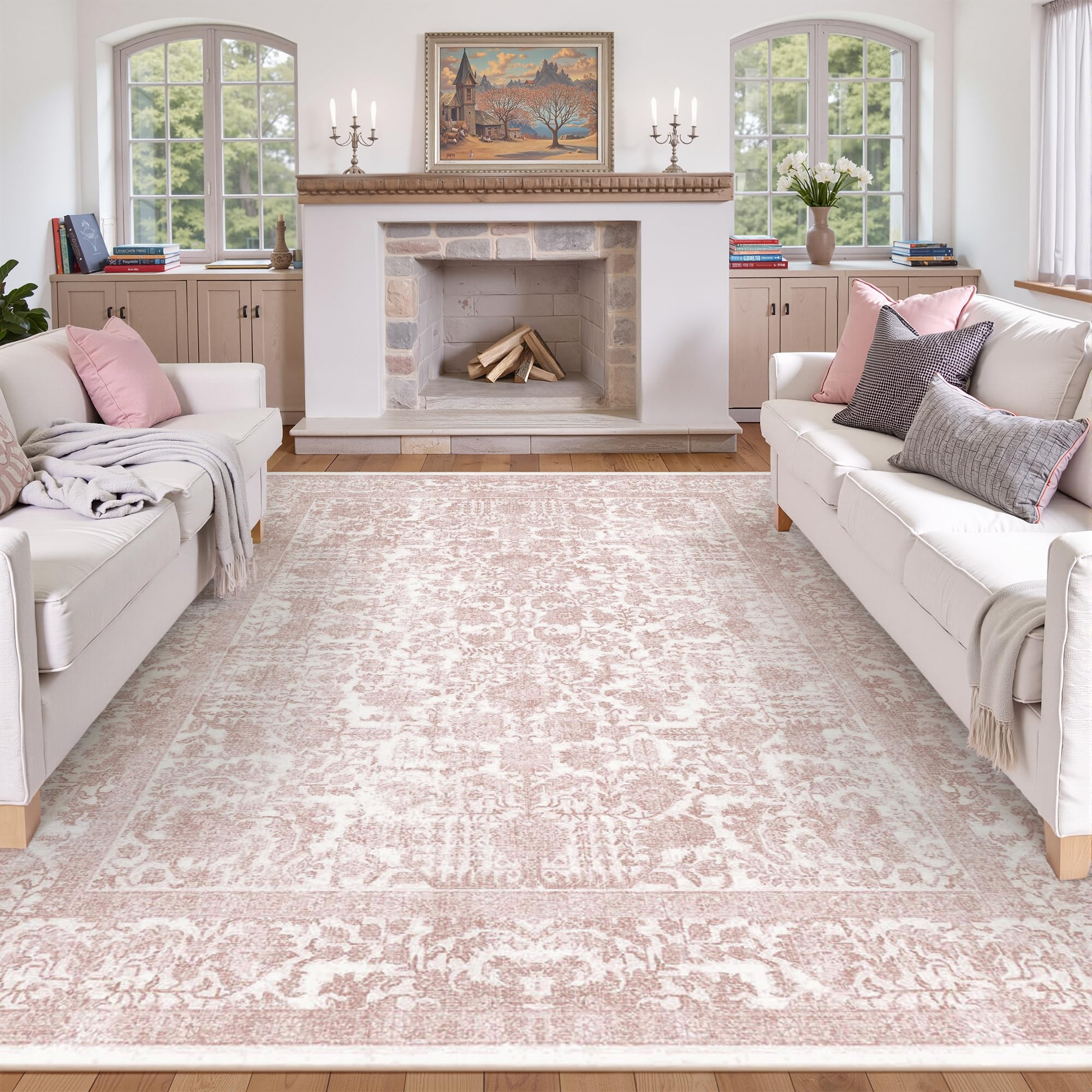 Pink Area Rug 8x10 Machine Washable Large Vintage Living Room Distressed Non Slip Carpet Traditio... | Amazon (US)