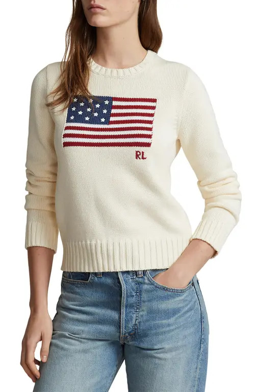 Polo Ralph Lauren Flag Crewneck Sweater in Cream at Nordstrom, Size X-Small | Nordstrom