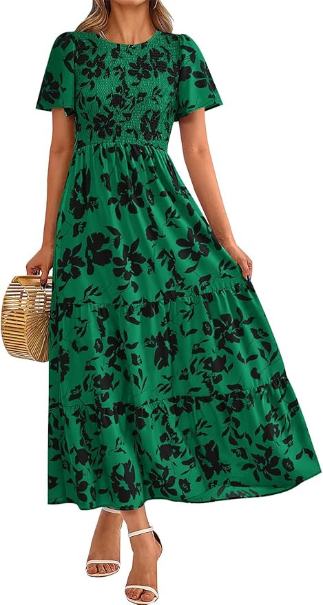 PRETTYGARDEN Women's 2026 Summer Casual Flutter Short Sleeve Boho Floral Maxi Dress Crew Neck Smo... | Amazon (US)