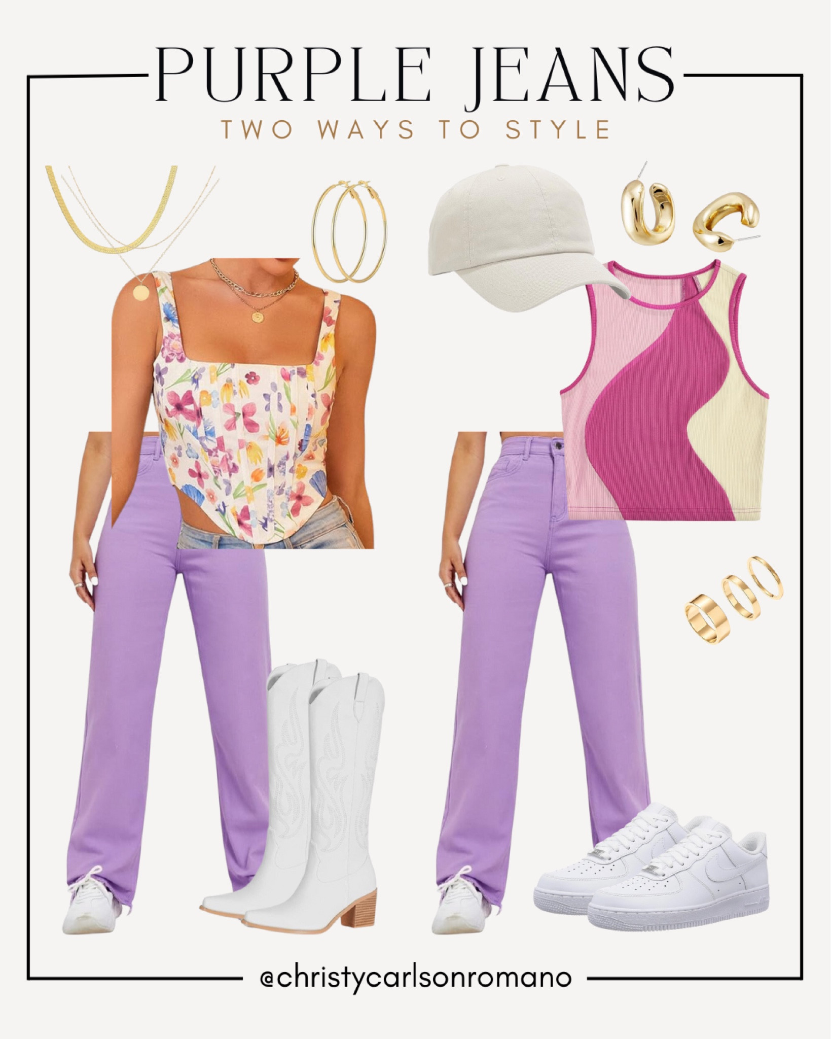 Not sure how rock those trendy purple pants? I've got you besties! Check out these two ways that you can style it: from a classic dressy cowgirl look with a floral corset top and my trusty white cowboy boots to Y2K vibes with a colorblock crop top and white sneakers. Which look is your fave?
#transitionalstyle #capsulewardrobe #outfitinspo #casuallook

#LTKShoeCrush #LTKStyleTip #LTKSeasonal
