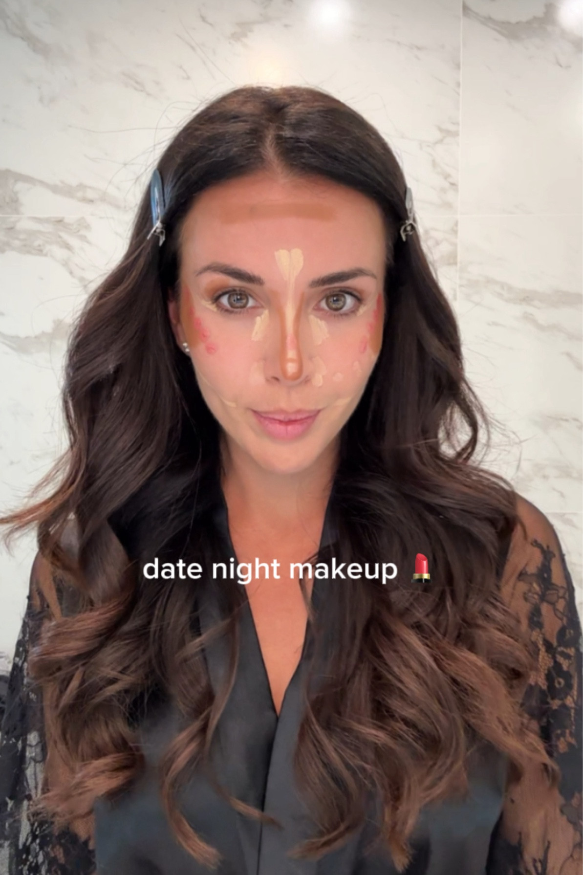 My go - to date night makeup look! Shades below ⬇️ 

FACE:
Concealer shade - 2.5
Contour stick - truffle
Liquid Blush - Pinkgasm
Foundation - 6.0
Powder - shade 1 under eyes
Bronzer - shade 4
Blush - coral cloud

EYES:
Shadow - palm pallet 
Eye pencil - cocoa
Brow pencil - brunette 

LIP - shade soulmate 

#LTKParties #LTKVideo #LTKBeauty