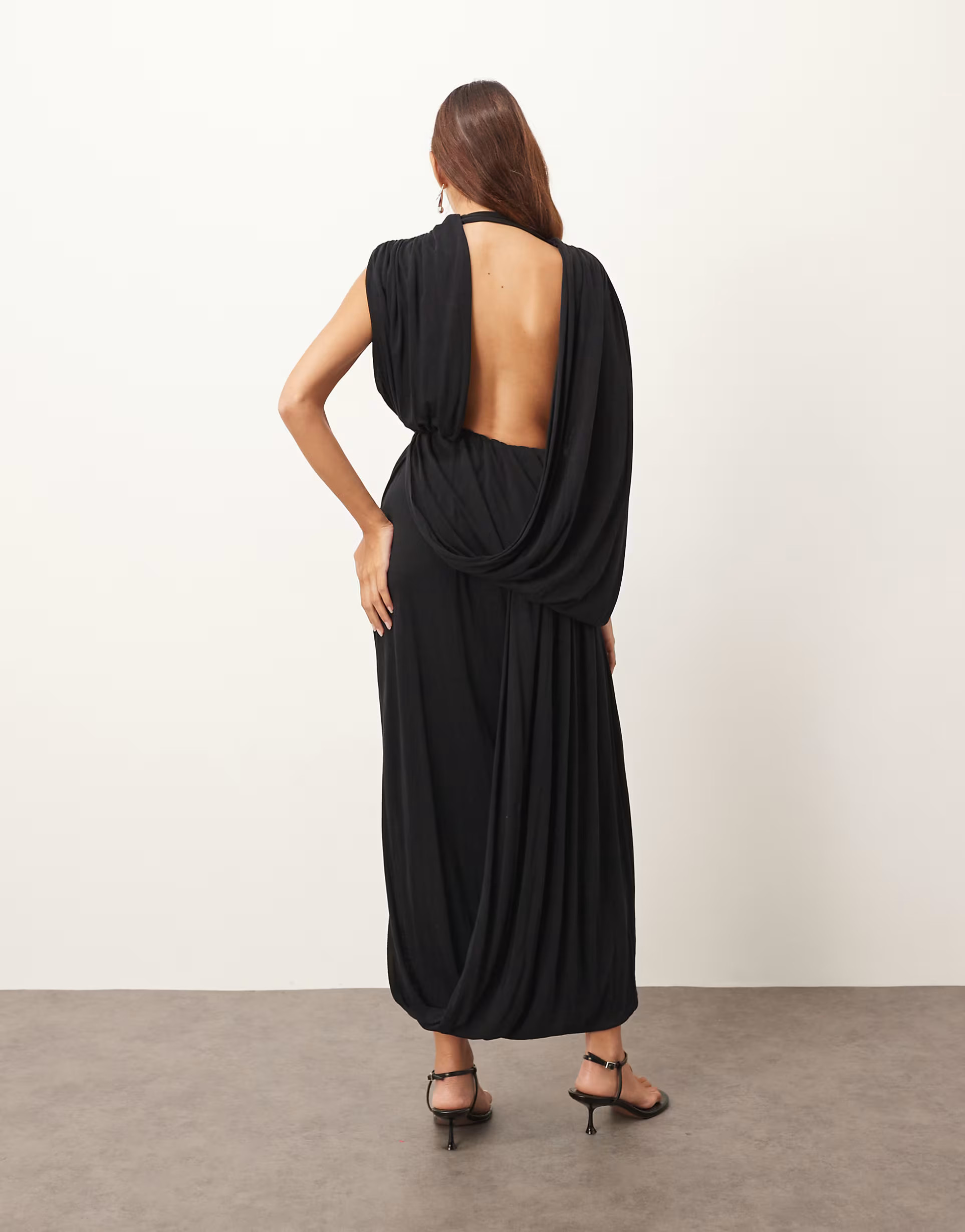 ARRANGE sleeveless draped hem midi dress with buckle trim detail in black | ASOS (Global)