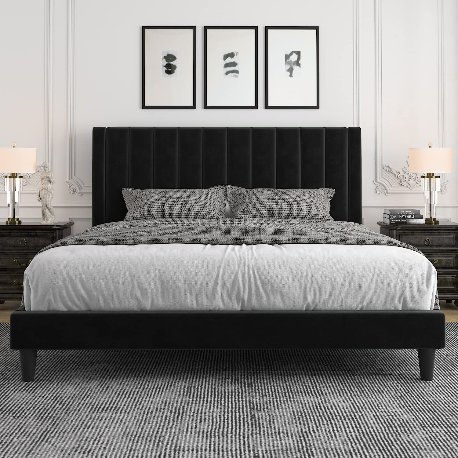 Allewie King Bed Frame/Velvet Upholstered Bed Frame with Vertical Channel Tufted Headboard/Strong... | Amazon (US)