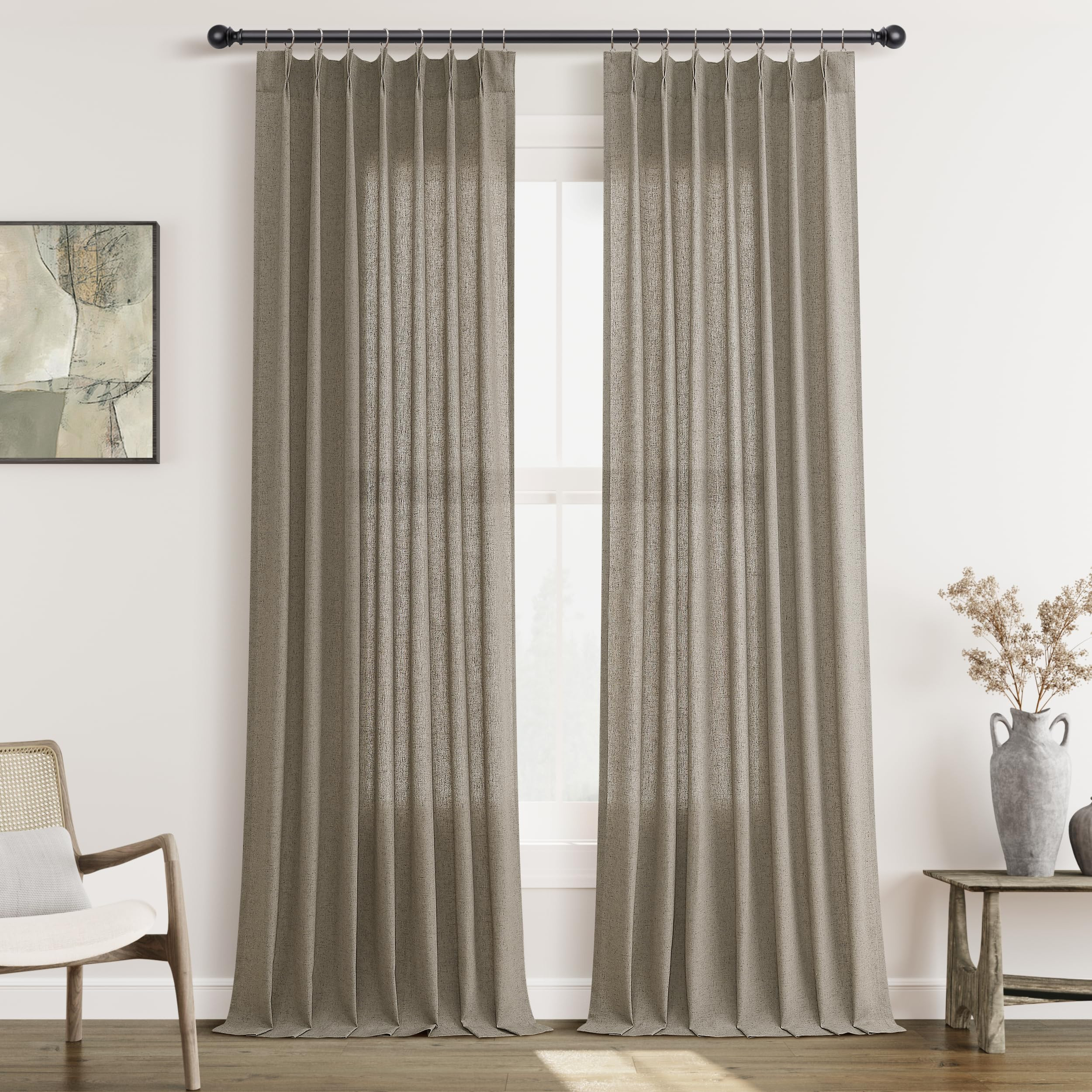 Mocha Pinch Pleat Linen Curtains 102 Inch Length 2 Panels Set for Bedroom Dinging Room Semi Sheer... | Amazon (US)