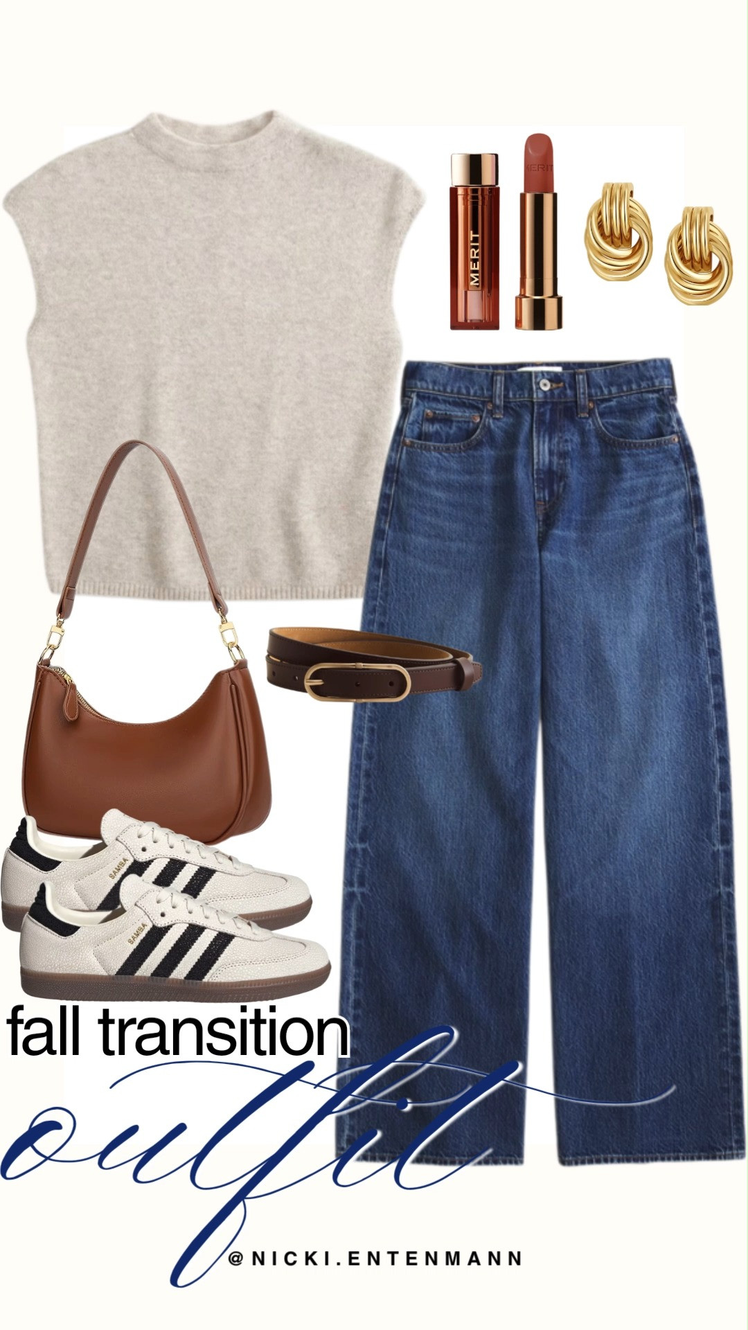 Effortlessly transition your style into the season with this preppy fall fashion edit. High-waisted wide-leg medium blue jeans are paired with a cozy sleeveless oatmeal knit vest, defining the waist with a classic brown leather belt. Neutral Adidas Sambas, a Cognac shoulder bag, gold knot earrings, and Merit lipstick round out this elevated everyday outfit.

#fallfashion #falloutfit #falltransition #streetstyle #outfitinspiration #preppycasual #everydaystyle 

 #LTKootd #LTKmomlife #LTKTravel