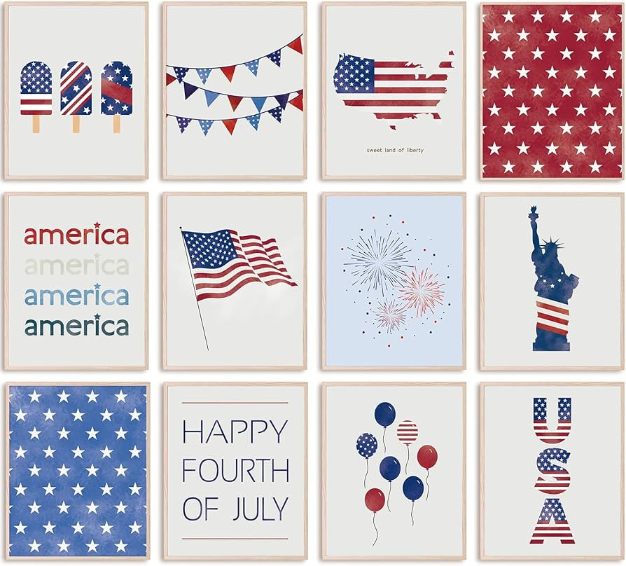 Amazon.com: AnyDesign 12Pcs Patriotic Wall Art Prints 4th of July Paper Wall Arts Decor Watercolo... | Amazon (US)