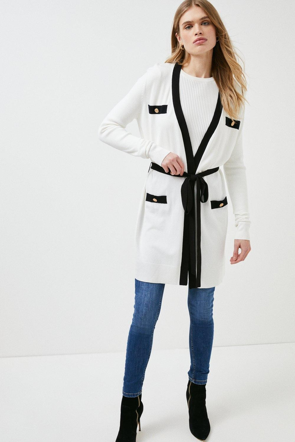 Viscose Blend Contrast Trim Belted Cardigan | Karen Millen UK & IE