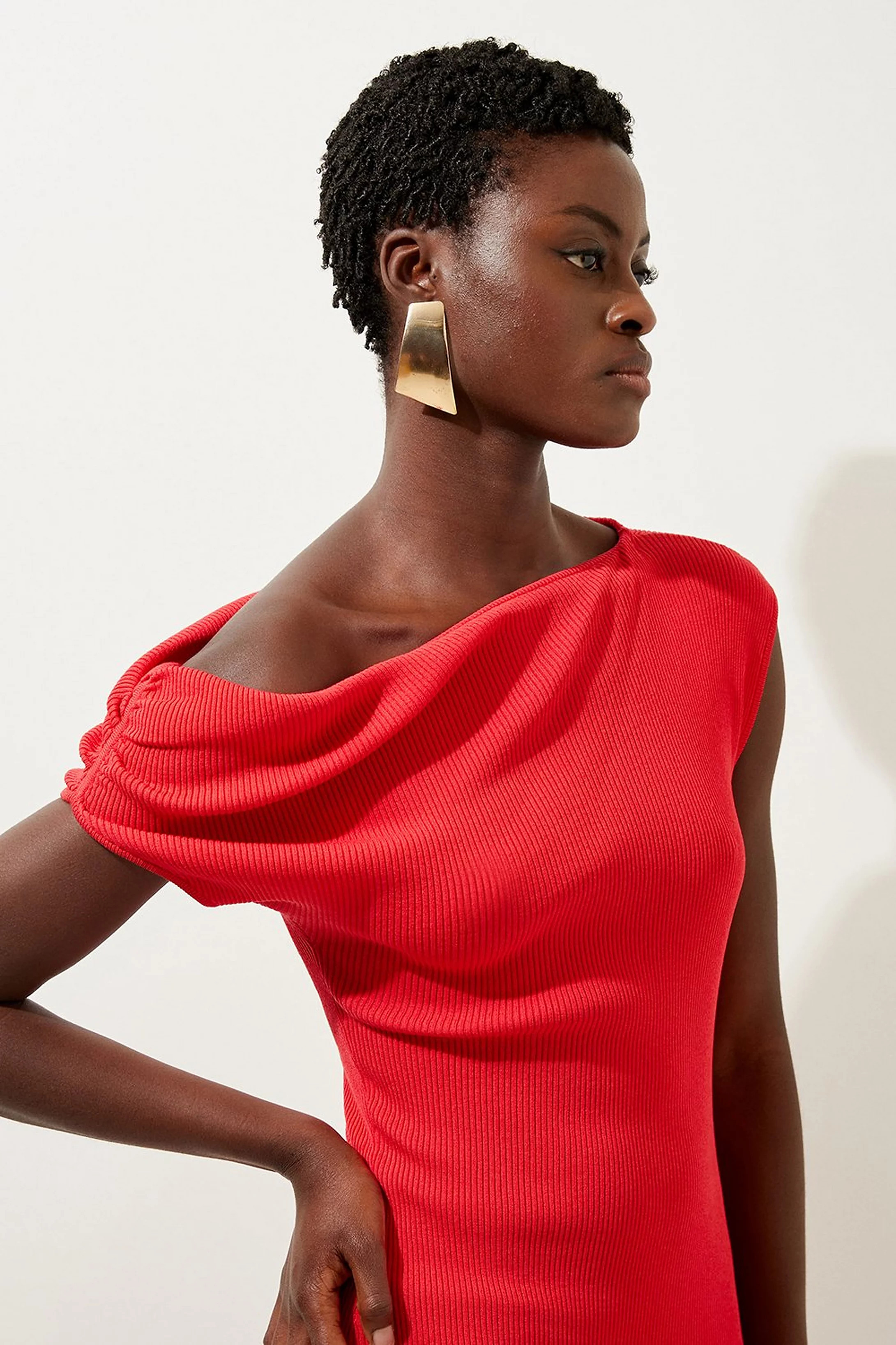 Petite Viscose Blend Rib Knit Off The Shoulder Midaxi Dress | Karen Millen UK + IE + DE + NL