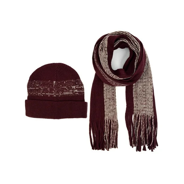 Men's Burgundy Acrylic Knit Scarf and Hat Set | Walmart (US)