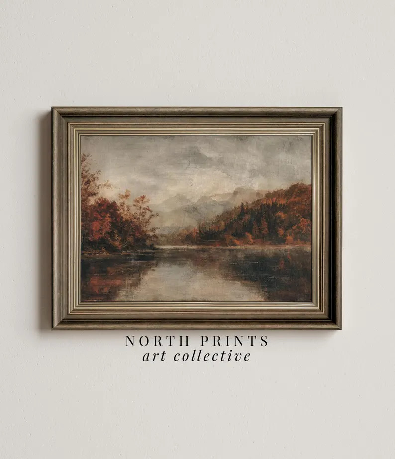 Rustic Fall Lake Landscape Print, Download Art Print, Moody Autumn Oil Painting, PRINTABLE Wall A... | Etsy (US)